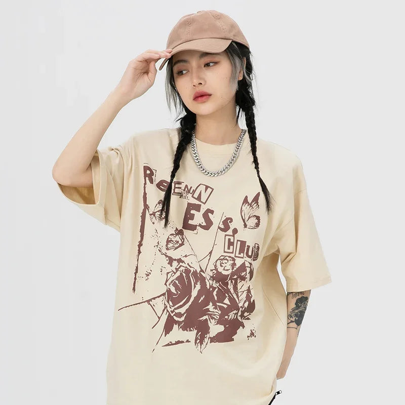 Retro Butterfly Letter Print T-Shirt — front view