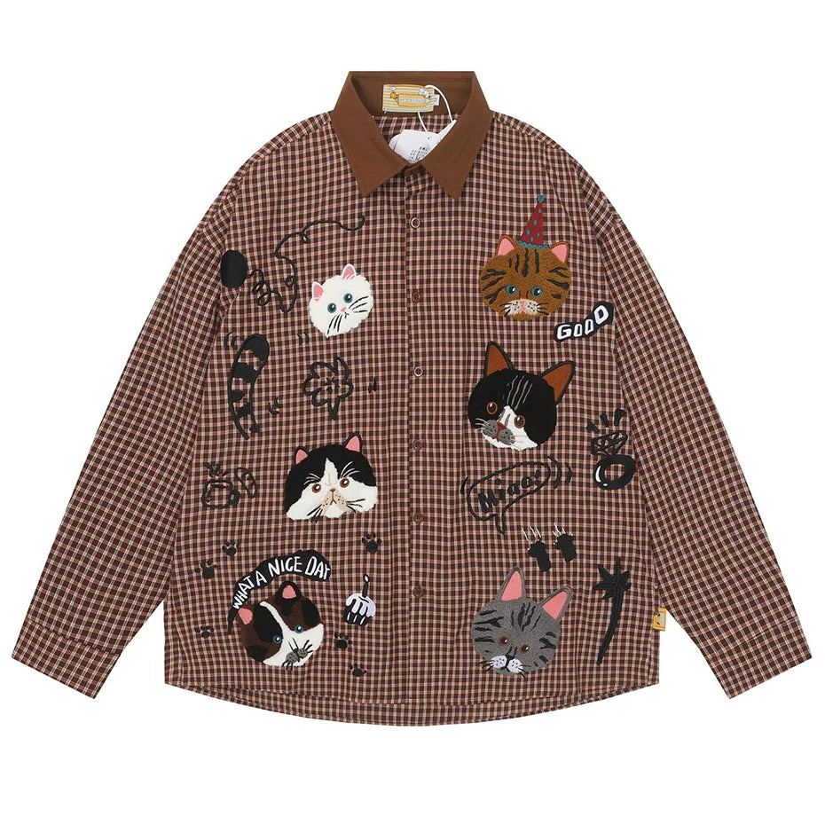 Vintage Plaid Cat Embroidered Shirt — front view