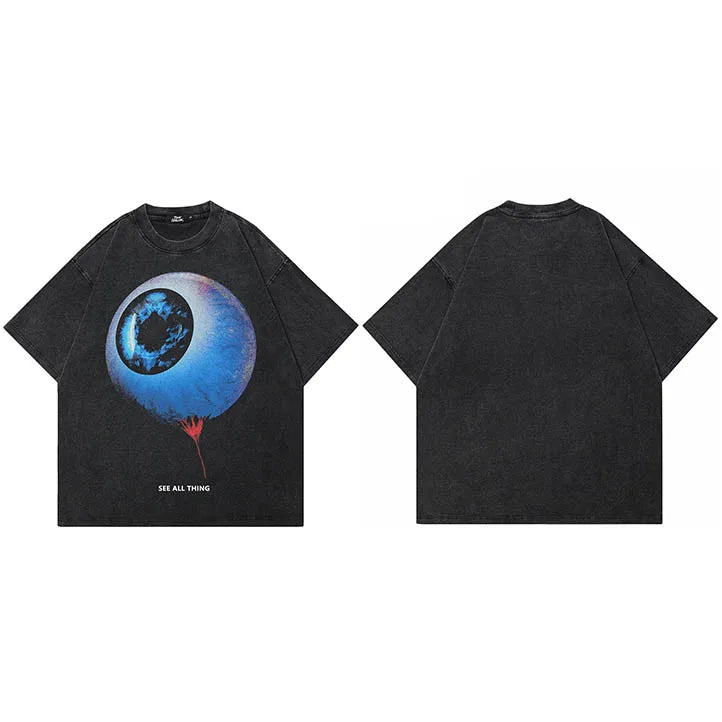Eye Retro Black Washed T-Shirt — fabric close-up