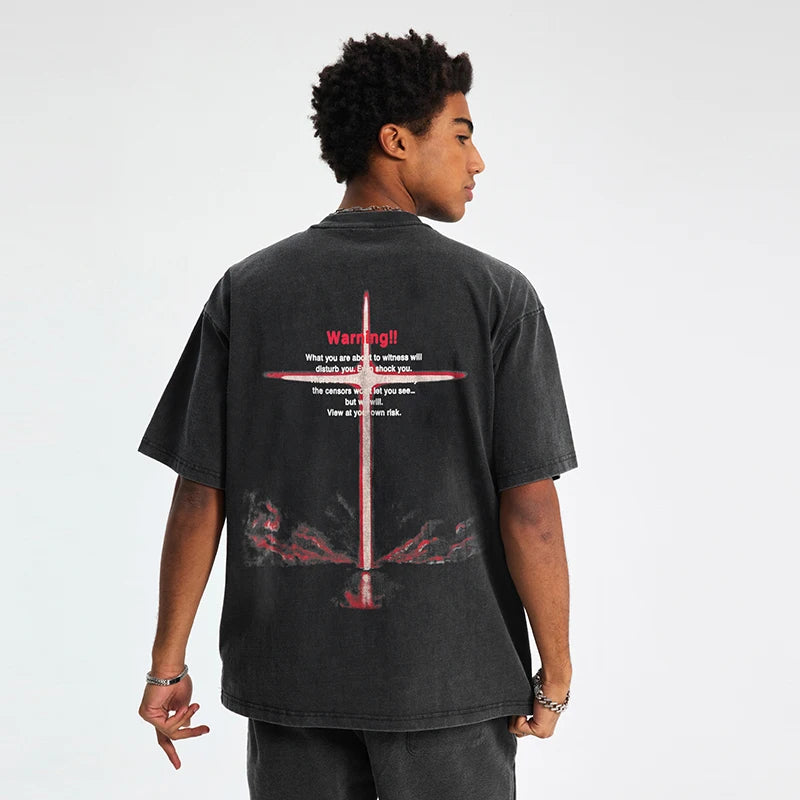Black Cross Letter Graphic Loose T-Shirt — detail shot