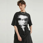 Retro Black Blurry Faces Washed T-Shirt — front view
