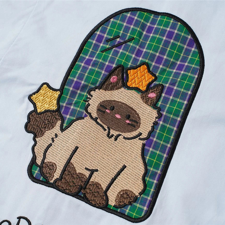 Funny Vintage Cat Embroidered Oversized Shirt — fit shot
