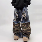 Vintage Camouflage Patchwork Denim Wide Leg Jeans — front view