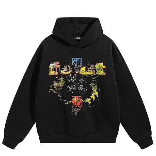 Vintage Black Skull Print Hoodie — fabric close-up
