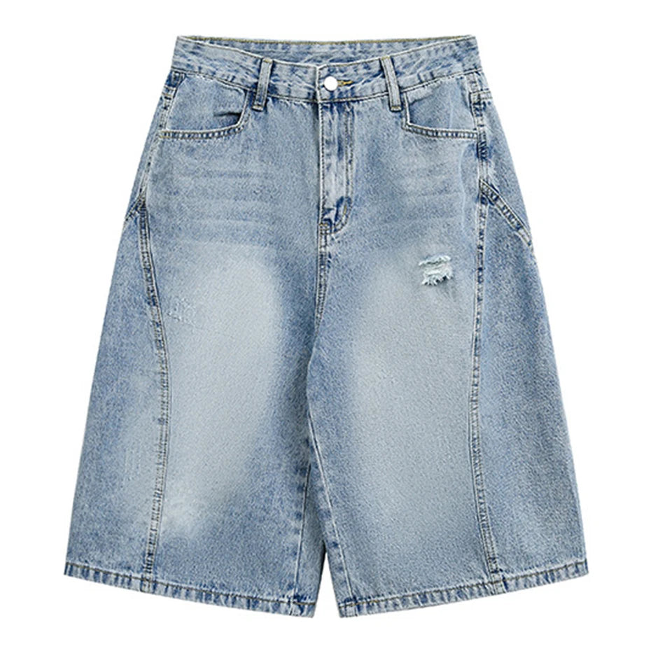 Y2K Blue Ripped Loose Denim Shorts — styling shot