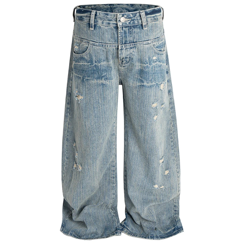 Vintage Blue Ripped Denim Baggy Jeans — styling shot