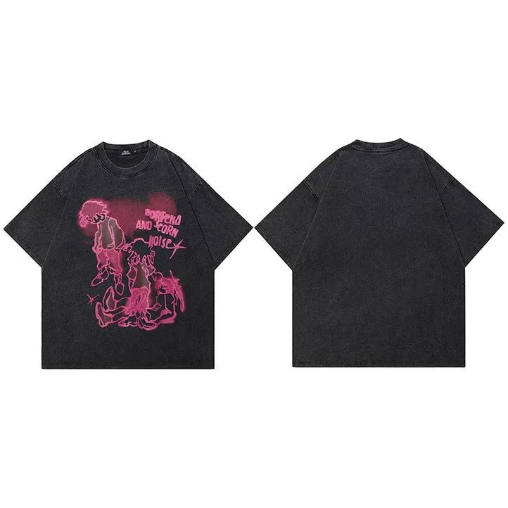 Retro Black Anime Cartoon Washed T-Shirt — styling shot