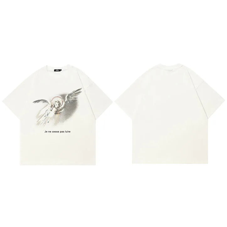 Beige Angel Wings Graphic T-Shirt — fabric close-up