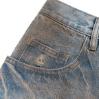 Fake Vintage Blue Ripped Wide Leg Denim Shorts — fit shot