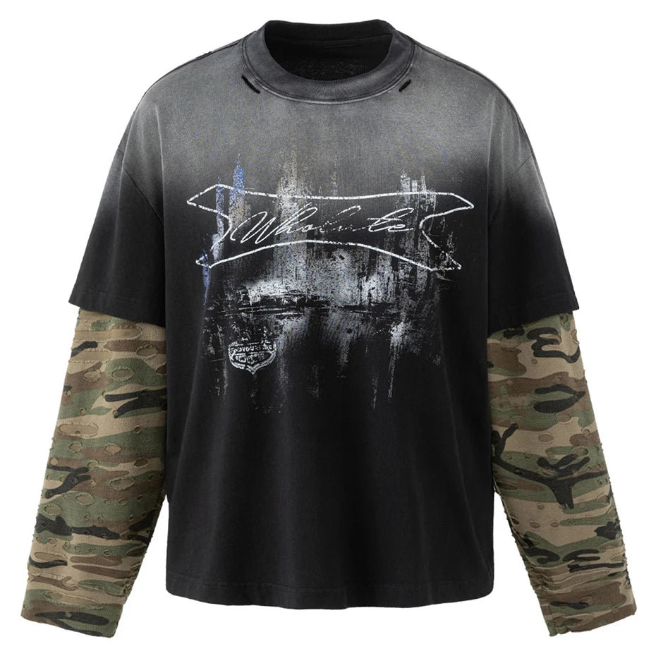 Shirts Vintage Camouflage Patchwork Oversized Long Sleeve Tee — styling shot