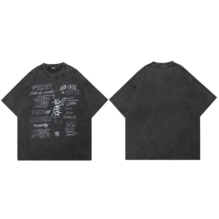 Retro Black Eye Graffiti Washed T-Shirt — fabric close-up