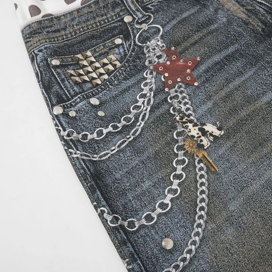 Vintage Chain Graphic Loose Denim Shorts — fit shot