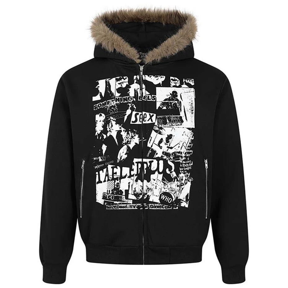Vintage Zip Fur Oversized Hoodie — front view