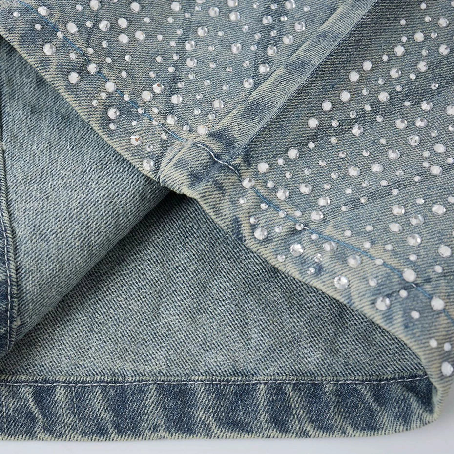 Diamond Rhinestone Denim Shorts — fabric close-up