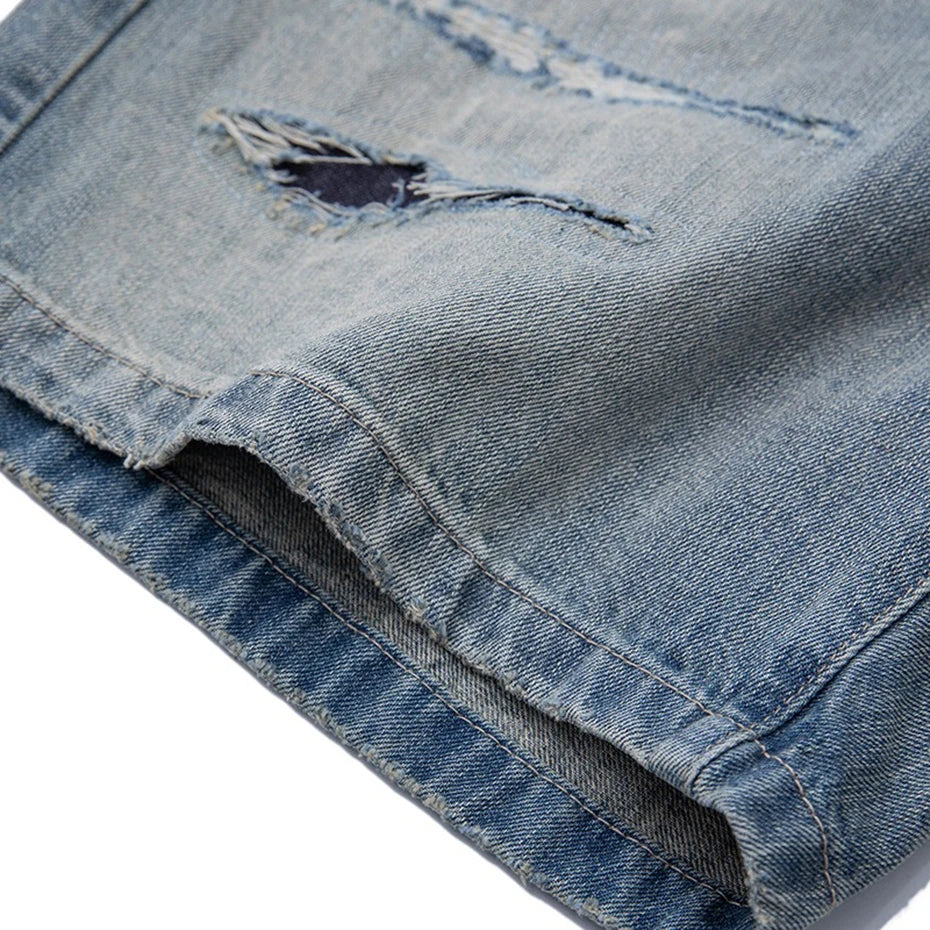 Vintage Blue Ripped Loose Denim Shorts — fabric close-up