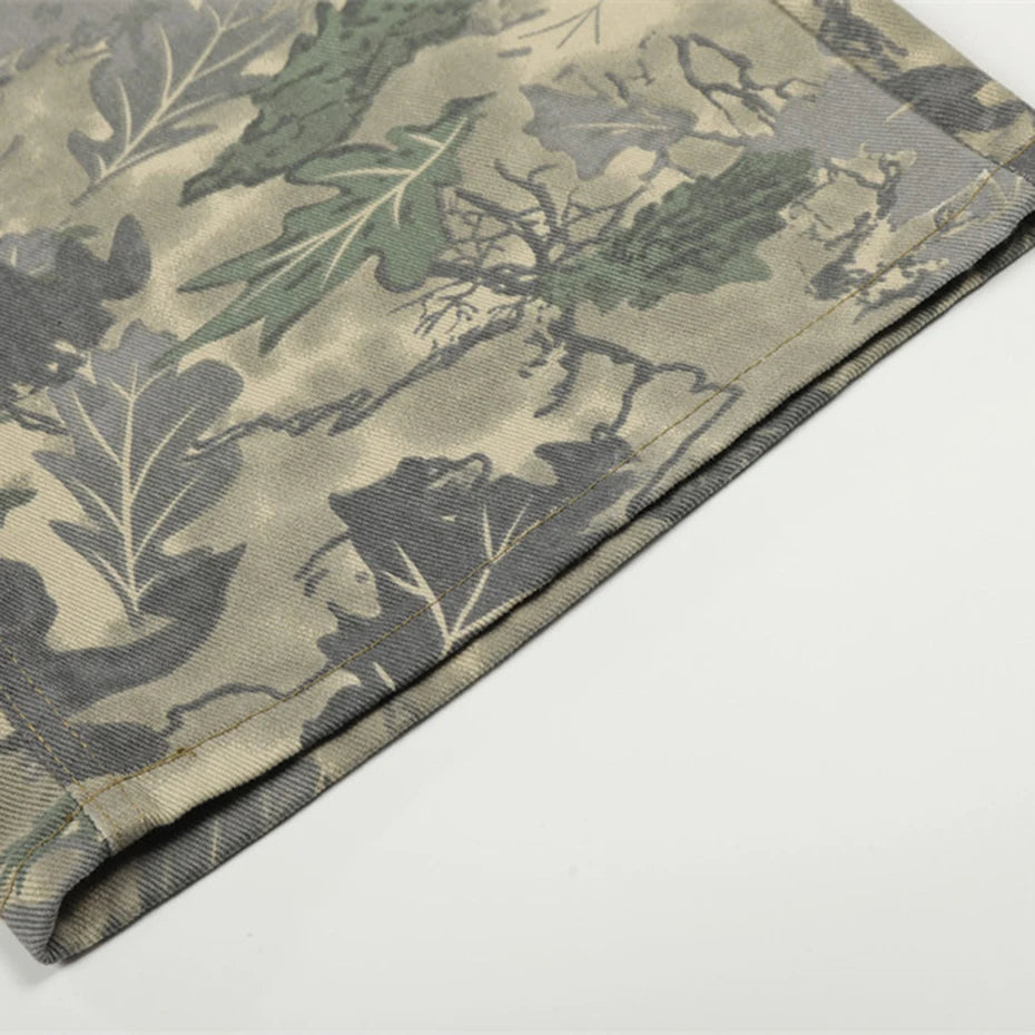 Camouflage Loose Denim Shorts — fabric close-up
