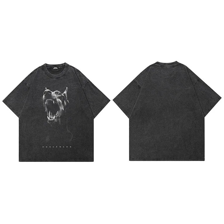 Black Doberman Dog Faded T-Shirt — fit shot