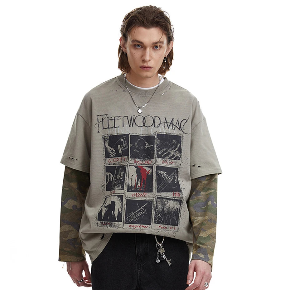 Vintage Camouflage Patchwork Oversized Long Sleeve Tee — back view