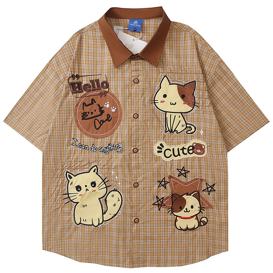 Vintage Cat Plaid Graphic Loose Shirt — styling shot