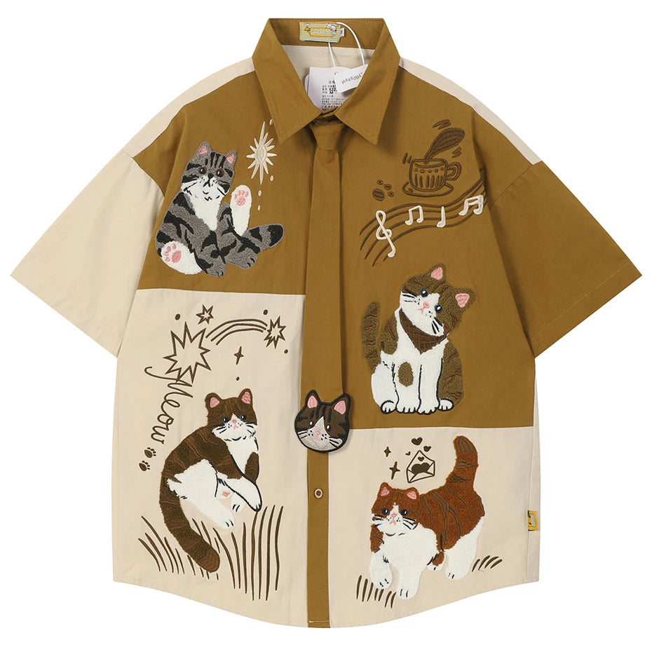 Color Block Vintage Cat Graphic Oversized Shirt — front view