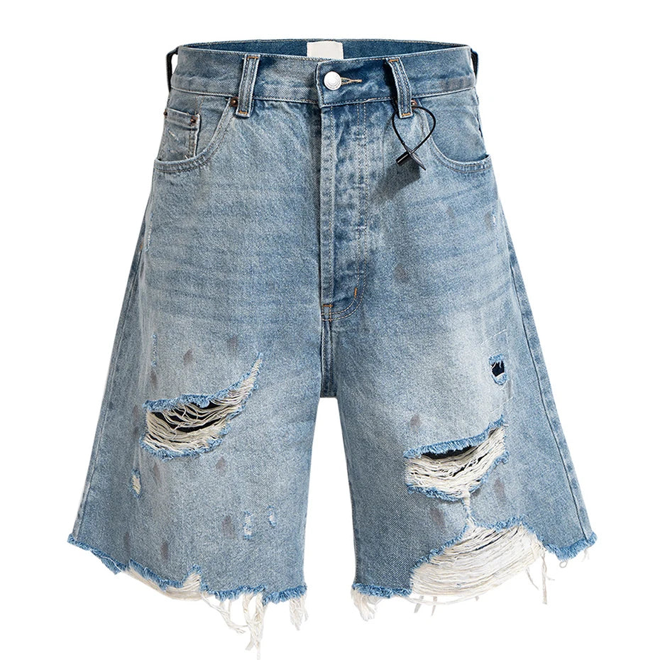 Ripped Loose Denim Shorts — fabric close-up