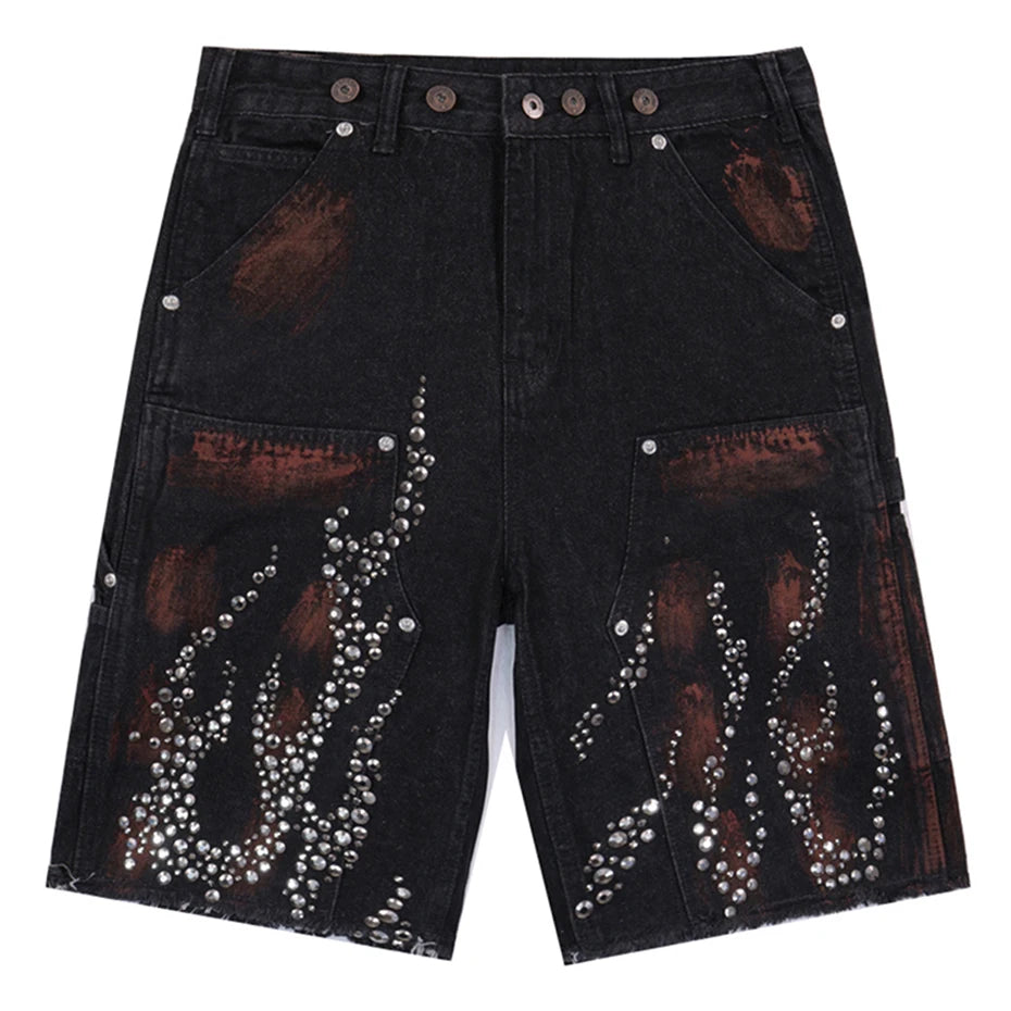 Vintage Fire Rhinestone Graphic Denim Shorts — detail shot