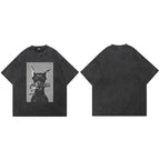 Faded Black Doberman Dog Graphic Oversized T-Shirt — fabric close-up