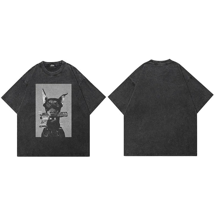 Faded Black Doberman Dog Graphic Oversized T-Shirt — fabric close-up