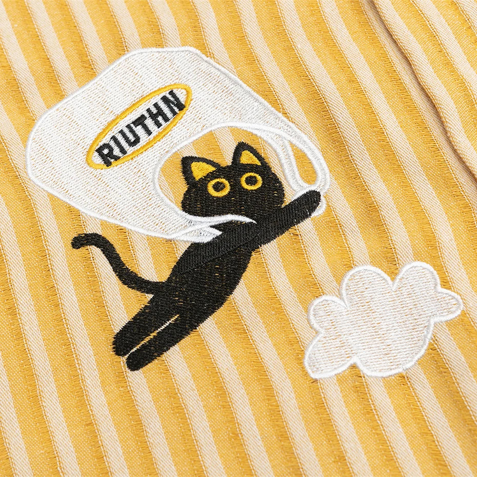 Vintage Cat Striped Embroidered Shirt — fit shot