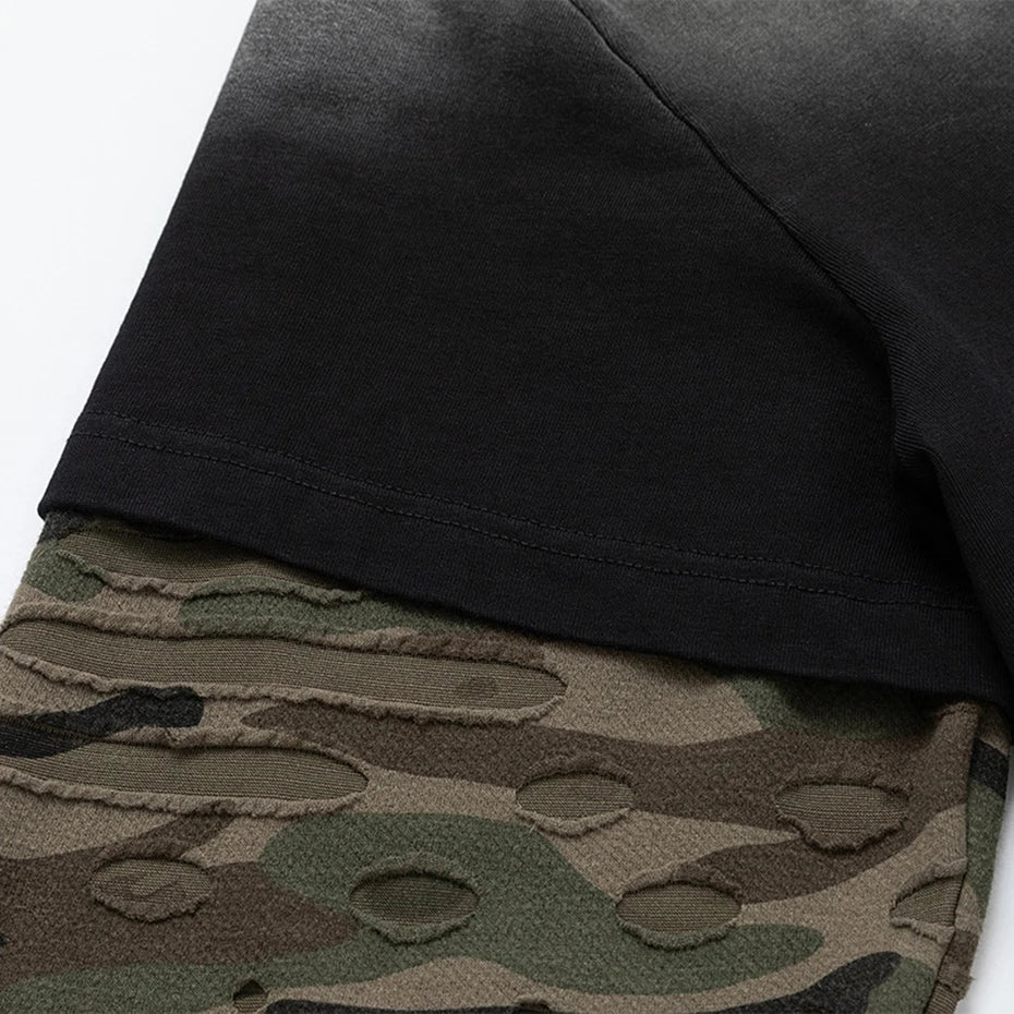 Shirts Vintage Camouflage Patchwork Oversized Long Sleeve Tee — fit shot