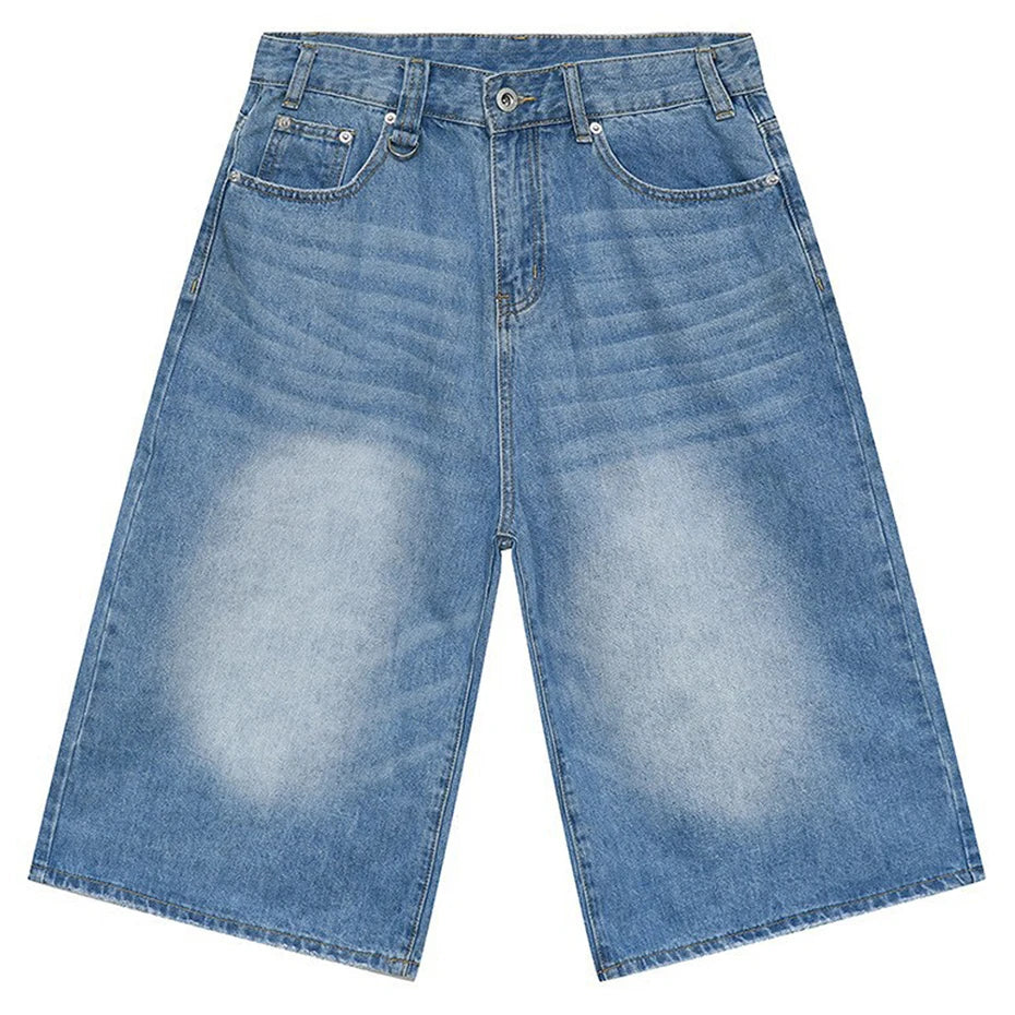 Wide Vintage Blue Loose Denim Shorts — flat lay