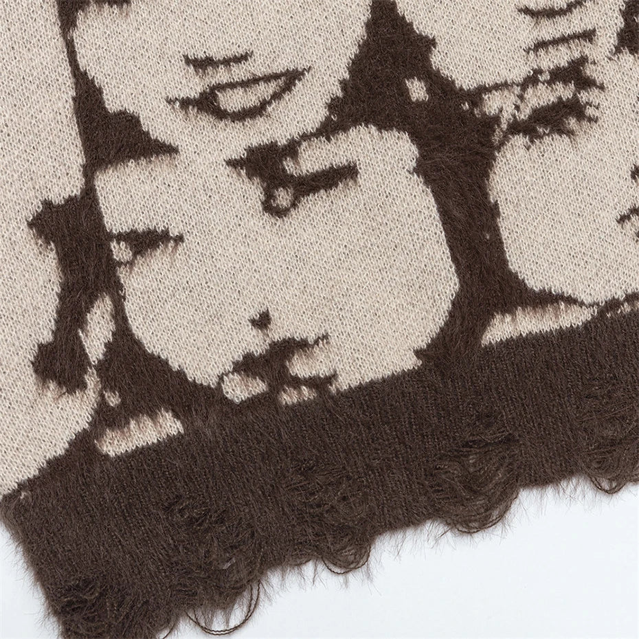 Y2K Face Graphic Knit Oversized Sweater — fabric close-up