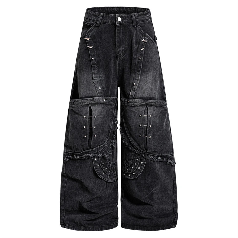 Punk Vintage Patchwork Denim Baggy Jeans — fabric close-up