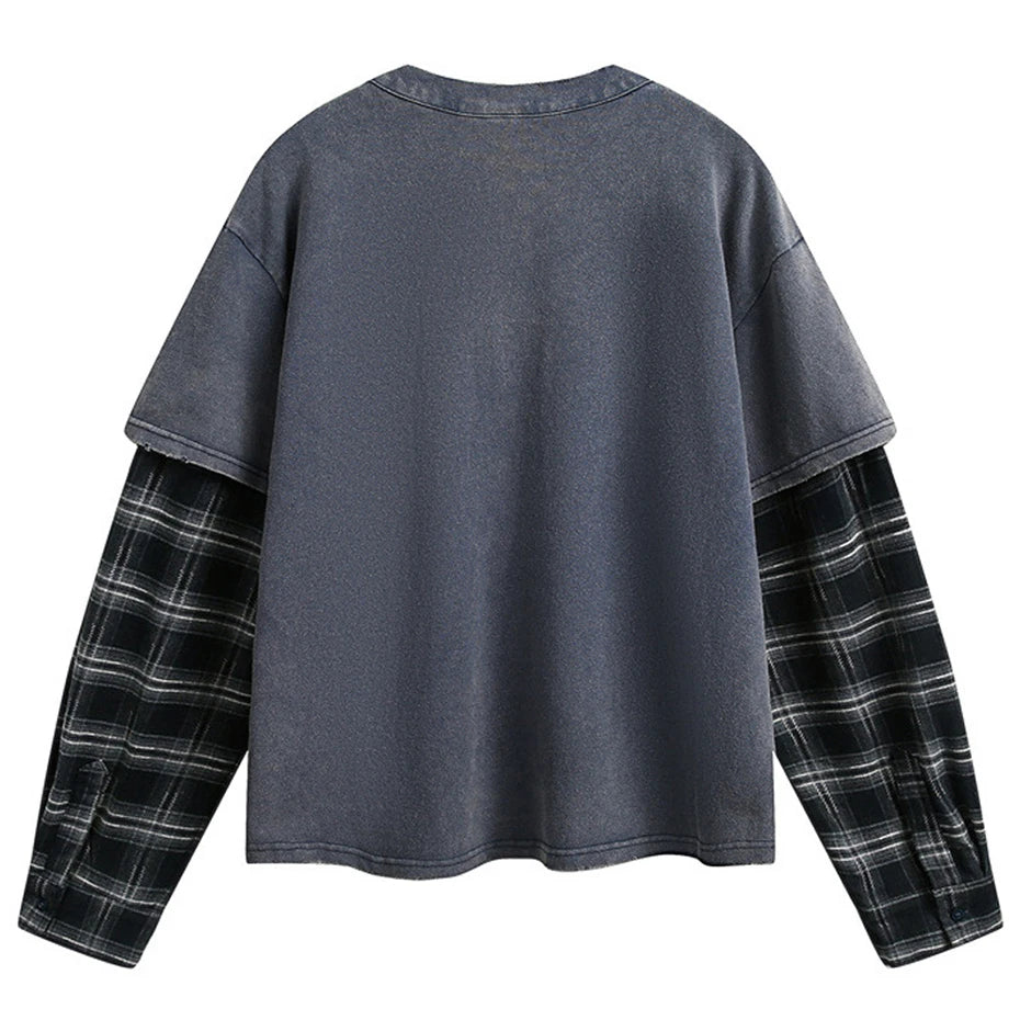 Vintage Plaid Patchwork Oversized Long Sleeve Tee — front view