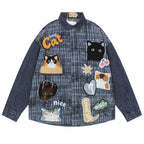 Y2K Vintage Cat Embroidered Denim Loose Shirt — styling shot