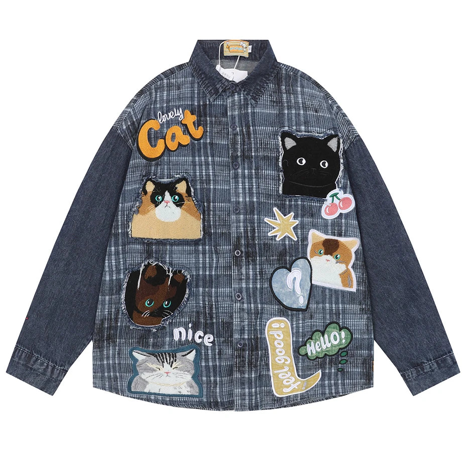 Y2K Vintage Cat Embroidered Denim Loose Shirt — styling shot