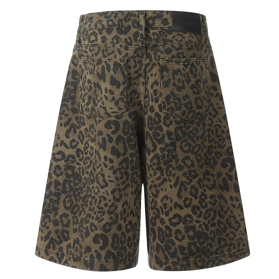 Vintage Leopard Loose Denim Shorts — front view