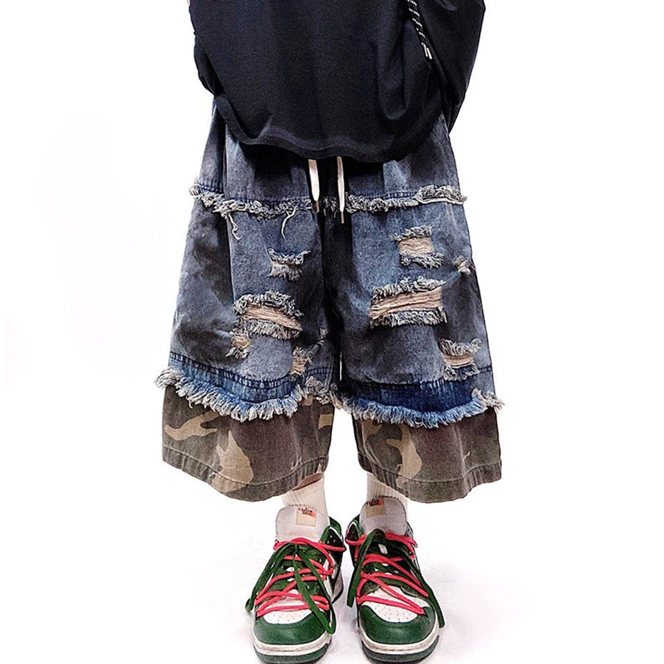 Vintage Camouflage Patchwork Baggy Denim Shorts — fabric close-up