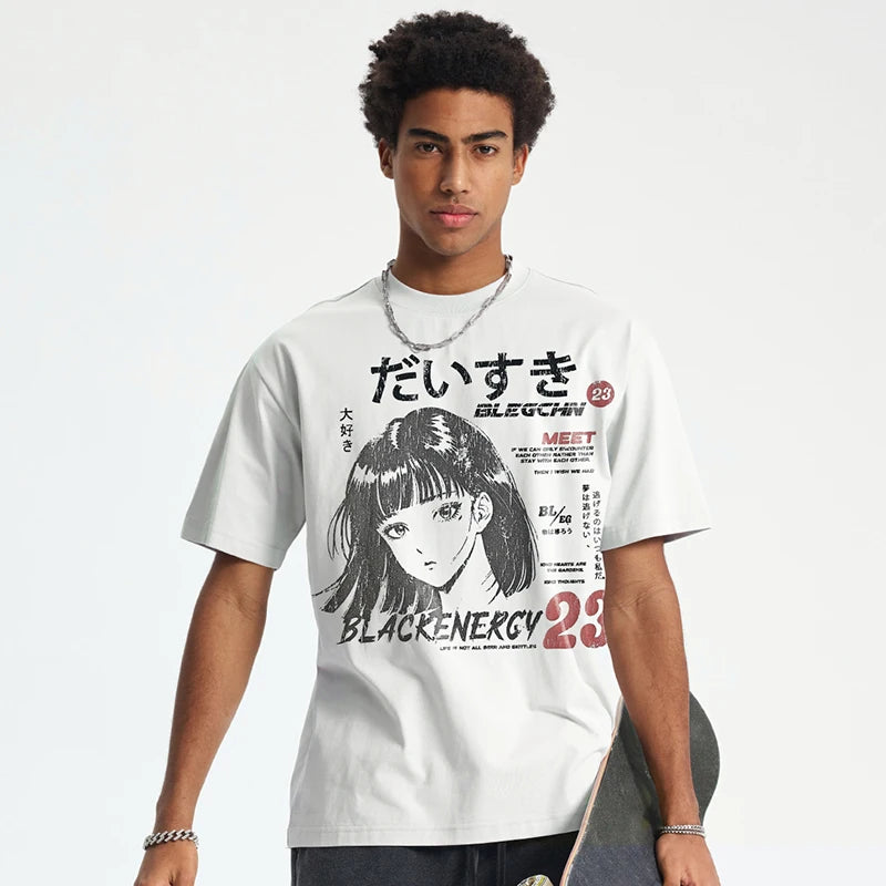 Y2K White Anime Cartoon Graphic T-Shirt — back view