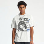 Y2K White Anime Cartoon Graphic T-Shirt — detail shot
