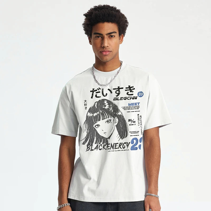 Y2K White Anime Cartoon Graphic T-Shirt — detail shot