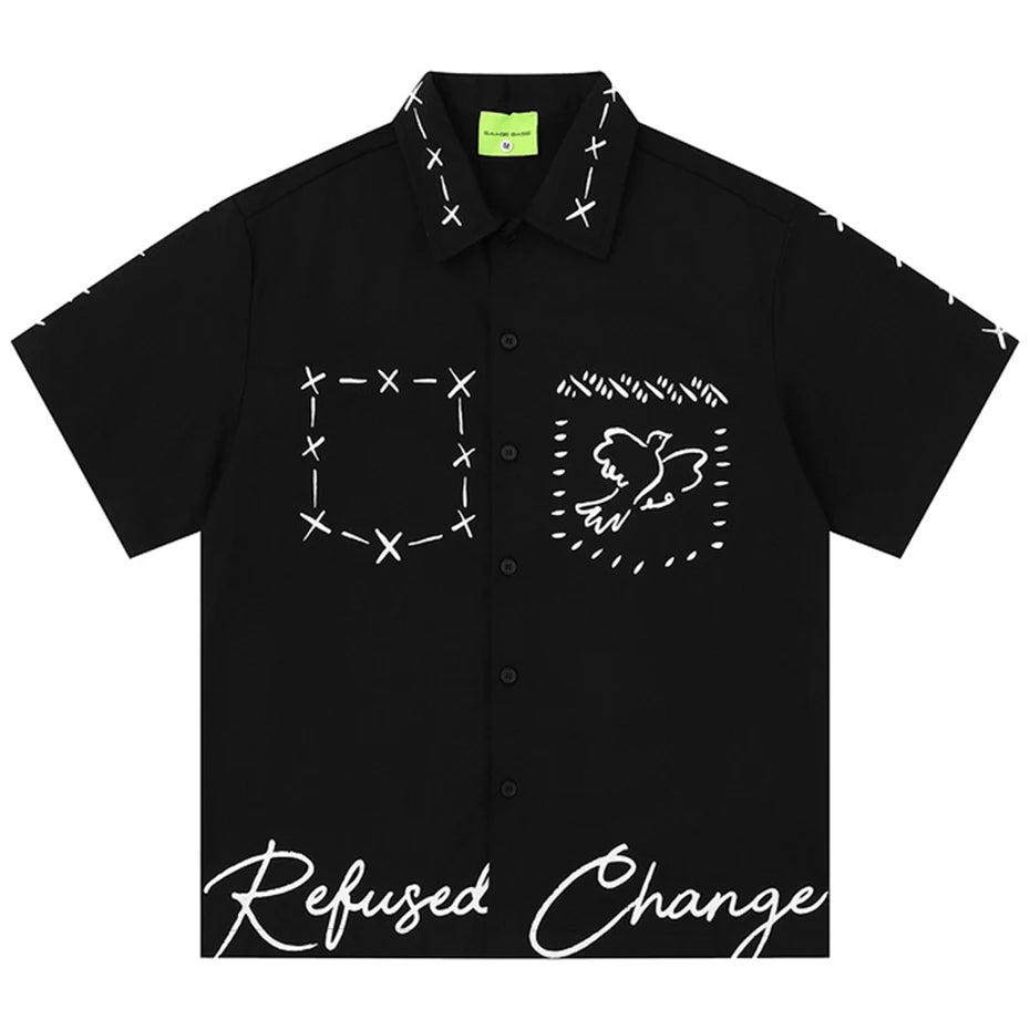 Loose Short Sleeve Button-Up Shirt — back view