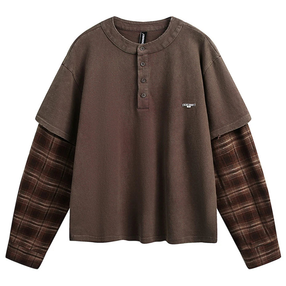 Vintage Plaid Patchwork Oversized Long Sleeve Tee — back view