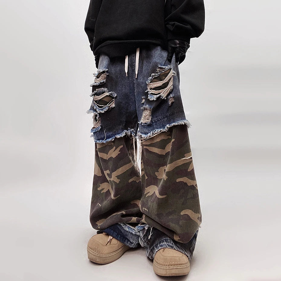 Vintage Camouflage Patchwork Denim Wide Leg Jeans — detail shot