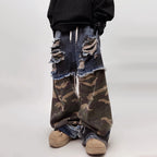 Vintage Camouflage Patchwork Denim Wide Leg Jeans — detail shot