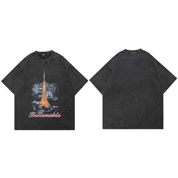 Tokyo Retro Black Washed T-Shirt — fabric close-up