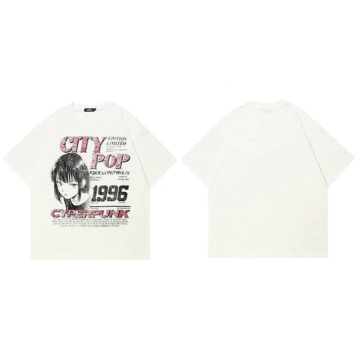 Tees Y2K White Anime Cartoon Graphic T-Shirt — fabric close-up
