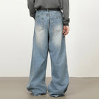Patchwork Vintage Blue Ripped Denim Baggy Jeans — fit shot