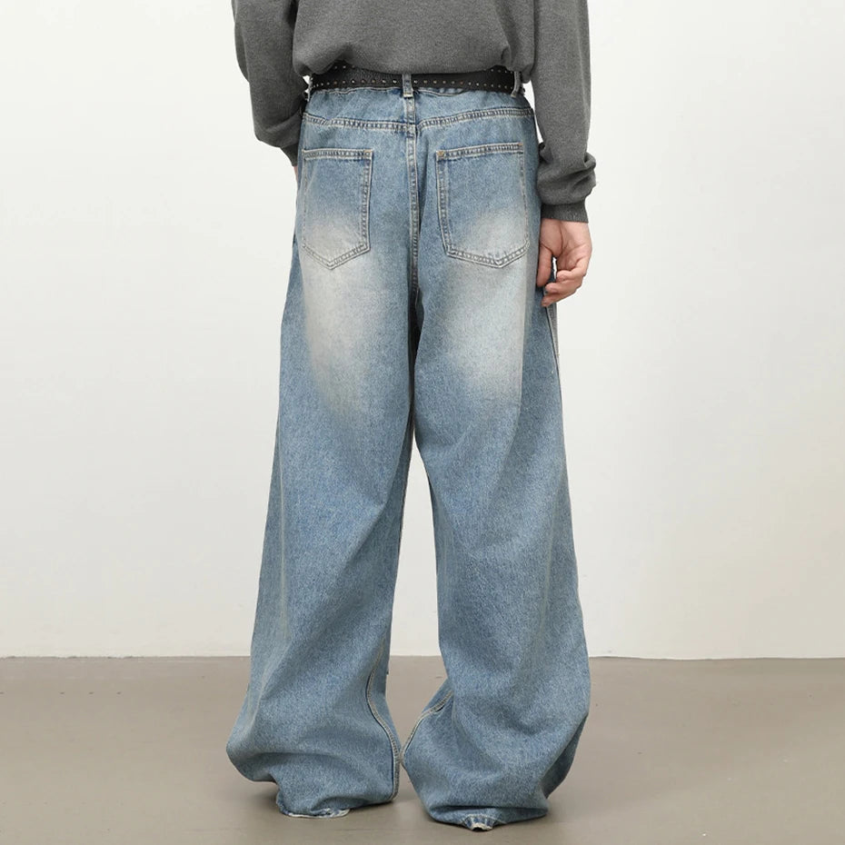 Patchwork Vintage Blue Ripped Denim Baggy Jeans — fit shot