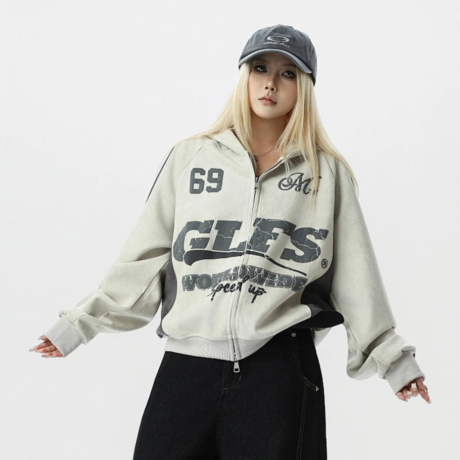 Vintage Color Block Suede Oversized Hoodie — fit shot